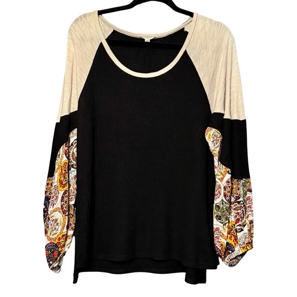 Umgee Oversized Waffle Knit Ballon Sleeve Mixed Media Bohemian Blouse Top - Picture 2 of 10